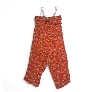 LOFT Beach Orange Floral Smocked Jumpsuit Cropped Wide Leg Size Large Resortwear